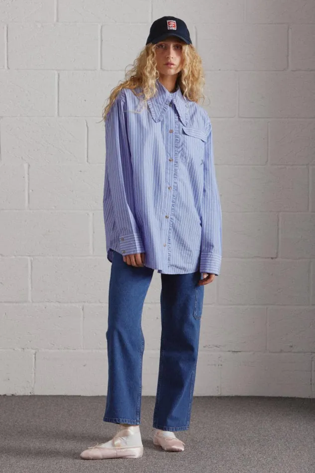 Women Damson Madder Tops Kendall Ruffle Shirt 8211 Blue Stripe