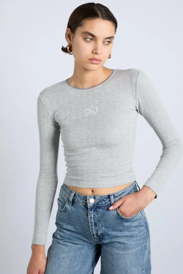 Women Damson Madder Tops Lua Long Sleeve Pointelle Top 8211 Grey Marl