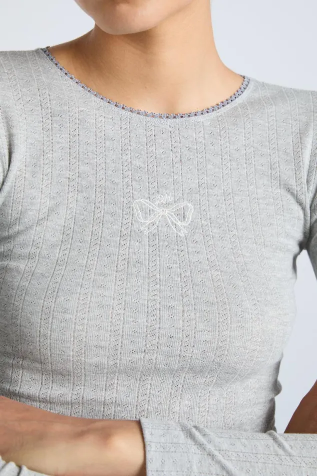 Women Damson Madder Tops Lua Long Sleeve Pointelle Top 8211 Grey Marl