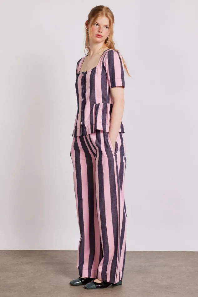 Women Damson Madder Tops Philly Peplum Blouse 8211 Pink Blue Stripe