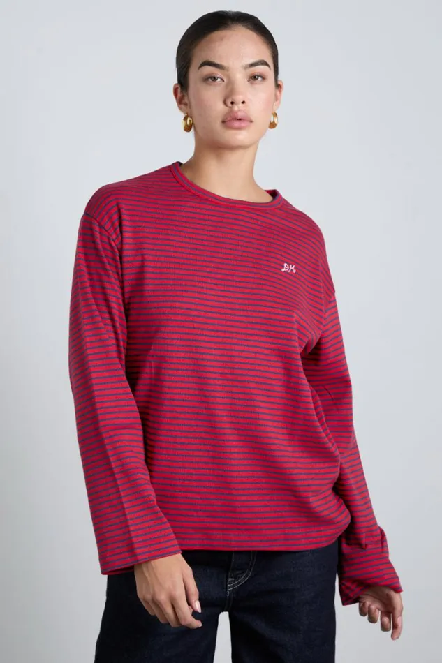 Women Damson Madder Tops Red And Navy Stripe Long Sleeve Top