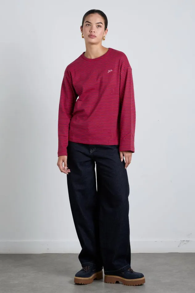 Women Damson Madder Tops Red And Navy Stripe Long Sleeve Top