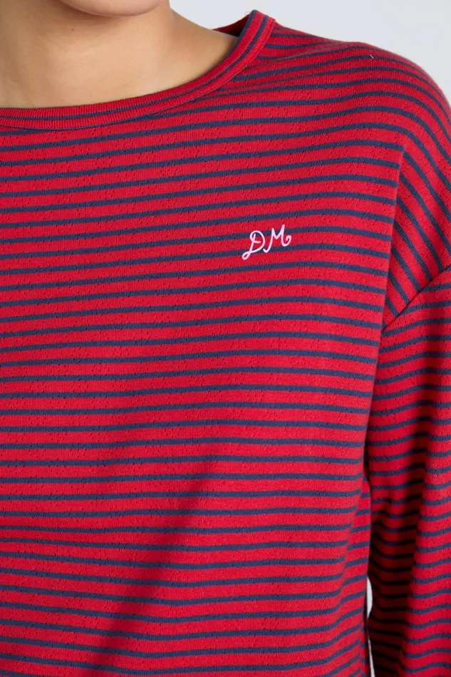 Women Damson Madder Tops Red And Navy Stripe Long Sleeve Top