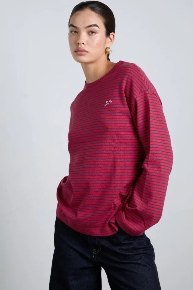 Women Damson Madder Tops Red And Navy Stripe Long Sleeve Top