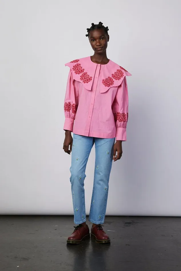Women Damson Madder Tops Romeo Organic Cotton Broderie Blouse 8211 Pink