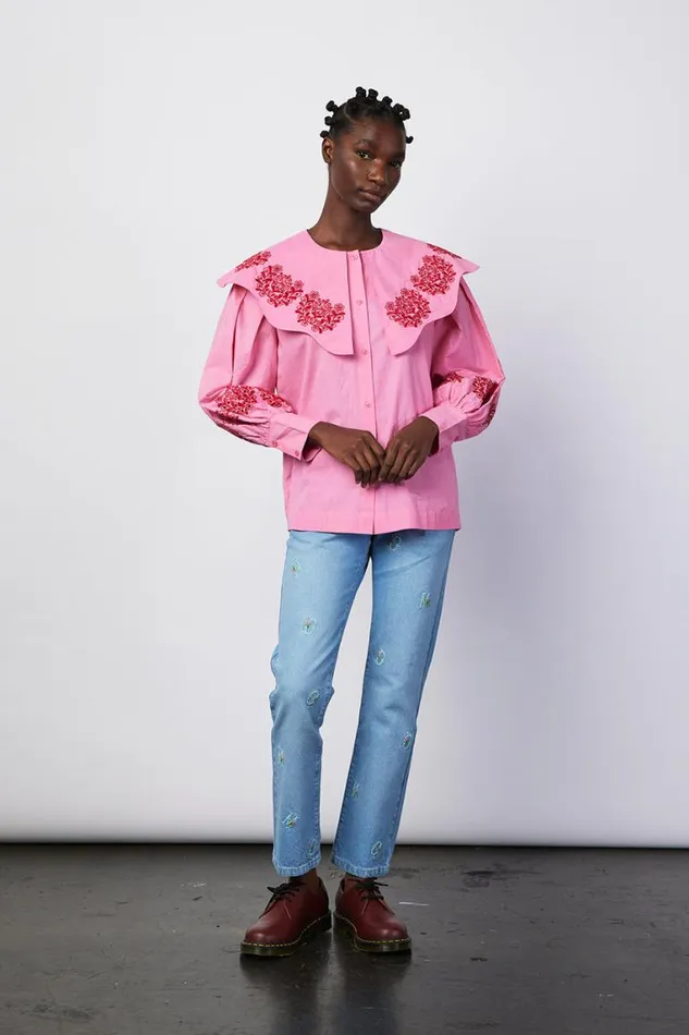 Women Damson Madder Tops Romeo Organic Cotton Broderie Blouse 8211 Pink