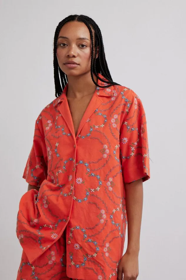 Women Damson Madder Tops Tablecloth Shirt 8211 Red Flower Embroidery