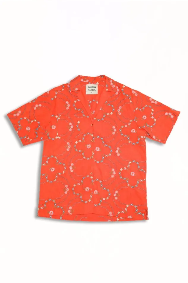 Women Damson Madder Tops Tablecloth Shirt 8211 Red Flower Embroidery