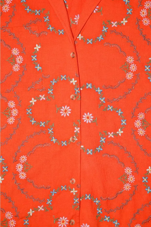 Women Damson Madder Tops Tablecloth Shirt 8211 Red Flower Embroidery