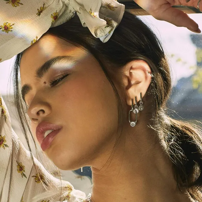 Women Drop Earrings Daisy London Jewellery Daisy Bloom Double Hoop Huggies Sterling Silver
