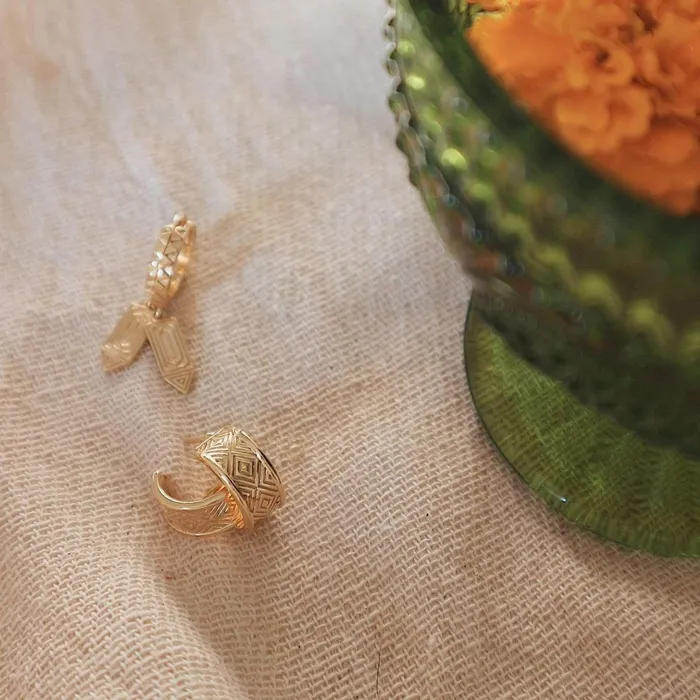 Women Huggie Earrings Daisy London Jewellery Artisan Drop Huggie Earrings 18ct Gold Plate