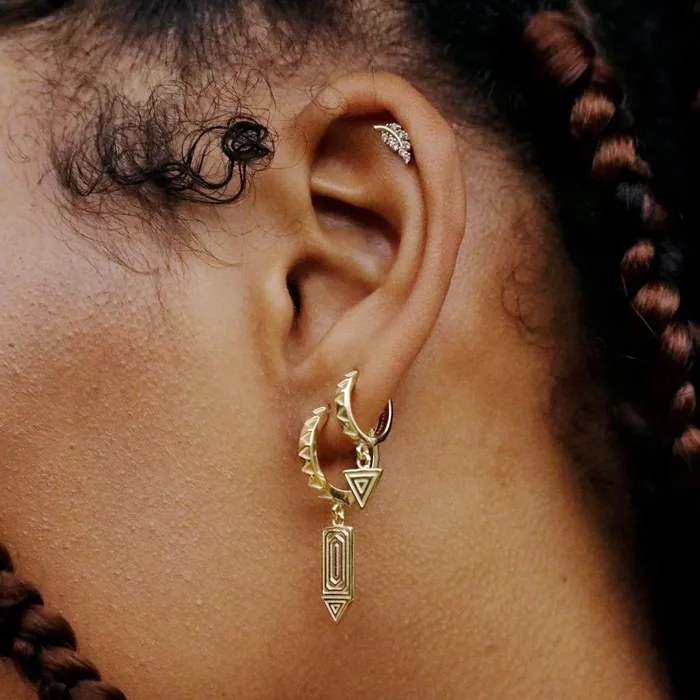 Women Huggie Earrings Daisy London Jewellery Artisan Stamped Drop Huggie Earrings 18ct Gold Plate