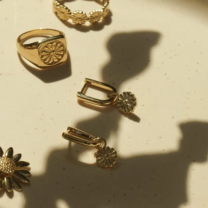 Women Huggie Earrings Daisy London Jewellery Daisy Bloom Drop Huggies 18ct Gold Plate