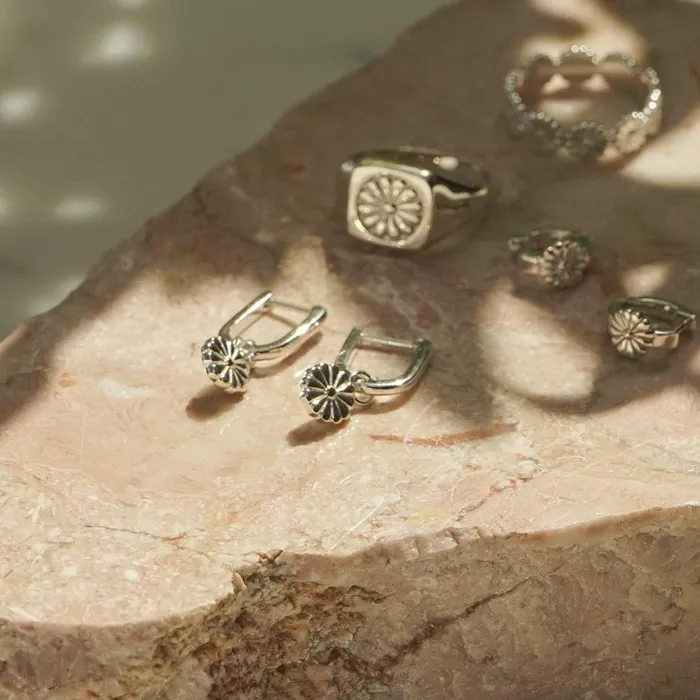 Women Huggie Earrings Daisy London Jewellery Daisy Bloom Drop Huggies Sterling Silver