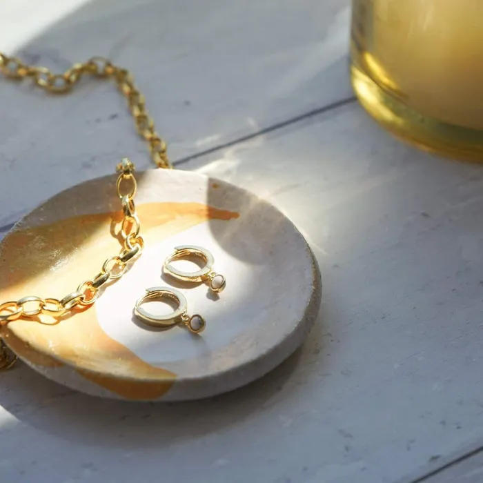 Women Huggie Earrings Daisy London Jewellery Howlite Healing Huggie Hoops 18Ct Gold Plate