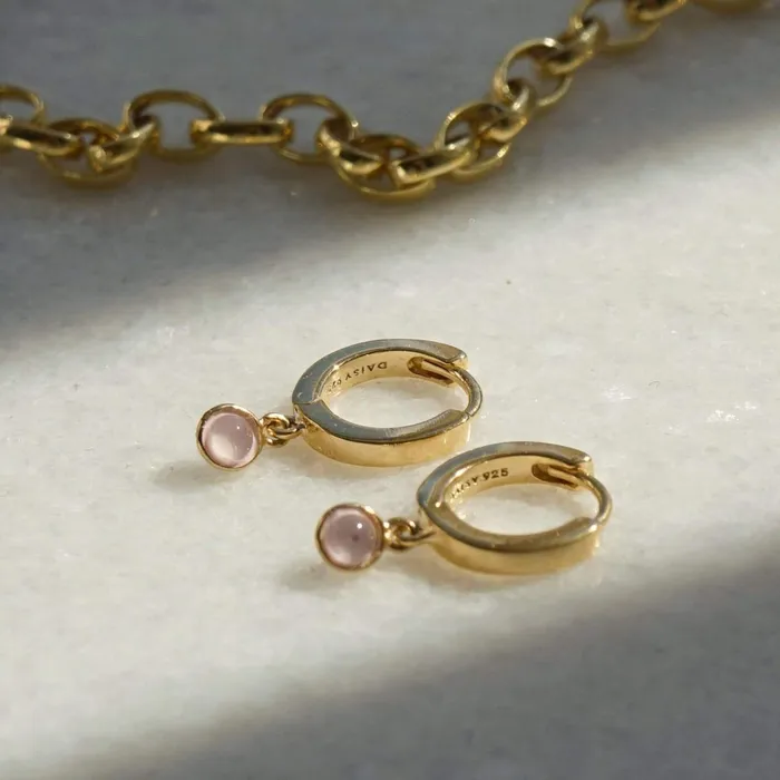 Women Huggie Earrings Daisy London Jewellery Rose Quartz Healing Huggie Hoops 18Ct Gold Plate