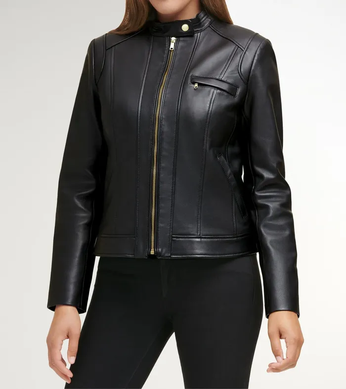 Women Lambskin Leather Jacket Black Cole Haan Outerwear