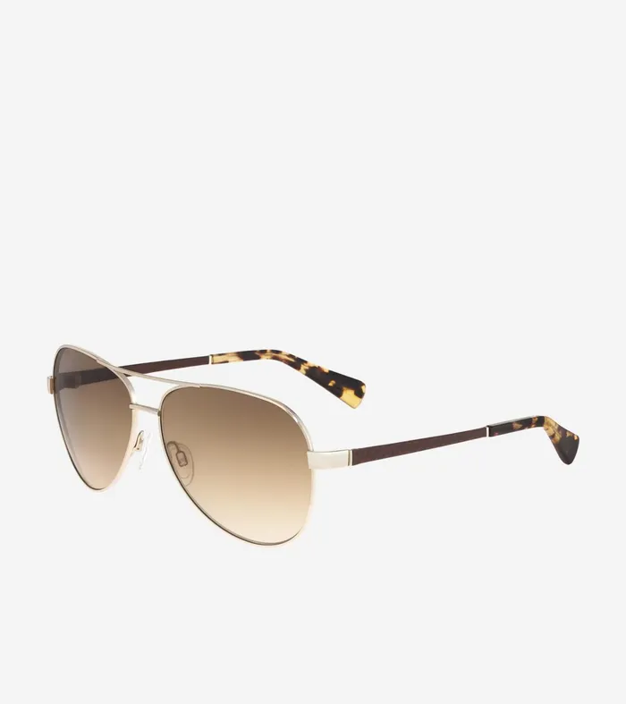 WomenMen MetalLeather Aviator Sunglasses Gold Cole Haan Sunglasses
