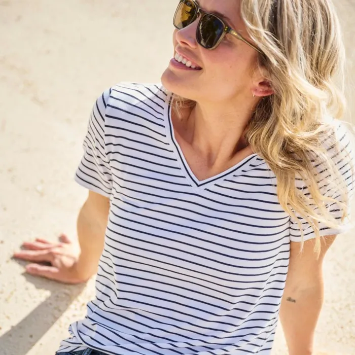 Women Perfect Relaxed VNeck ShortSleeved Tee True Navy Mini Brenton Stripe Orvis Shirts