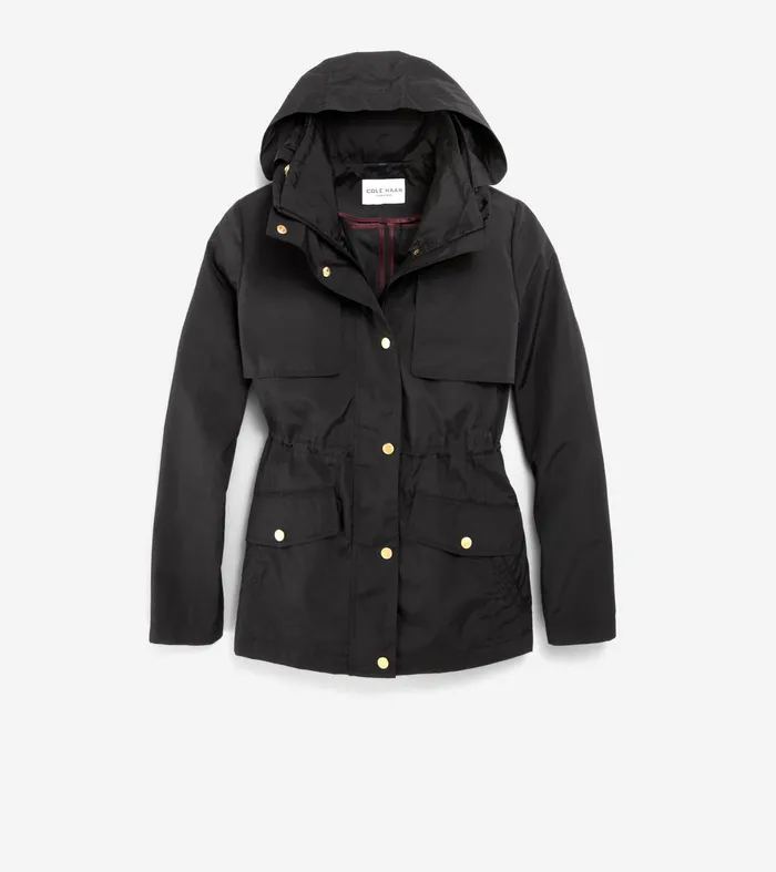Women Short Packable Hooded Rain Jacket Black Cole Haan Outerwear