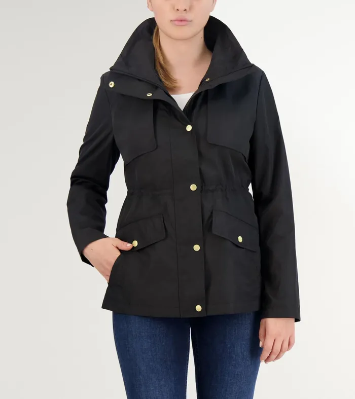 Women Short Packable Hooded Rain Jacket Black Cole Haan Outerwear