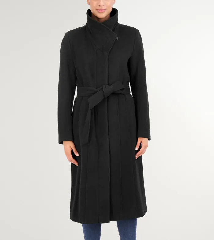 Women Slick Wool Long Coat Black Cole Haan Outerwear