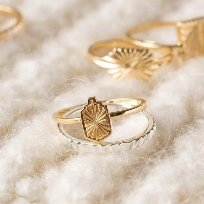 Women Stacking Rings Daisy London Jewellery Este Lalonde Mini Sunburst Shield Ring 18Ct Gold Plate