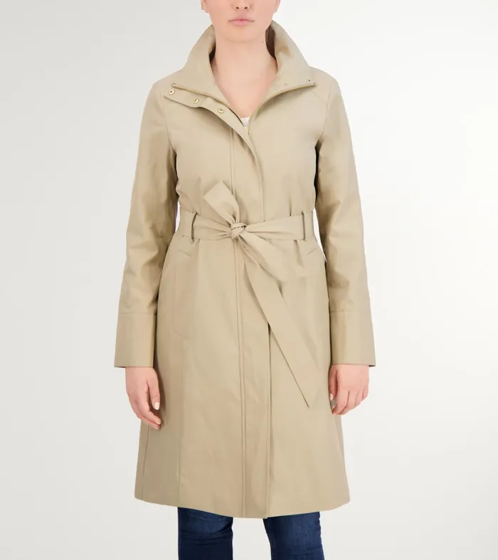 Women Stand Collar Rain Trench Coat Khaki Cole Haan Outerwear