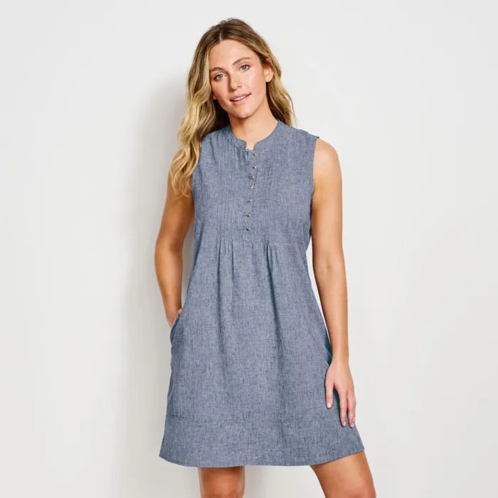 Women Tech Chambray Pintuck Tank Dress Blue Chambray Orvis Skirts and Dresses