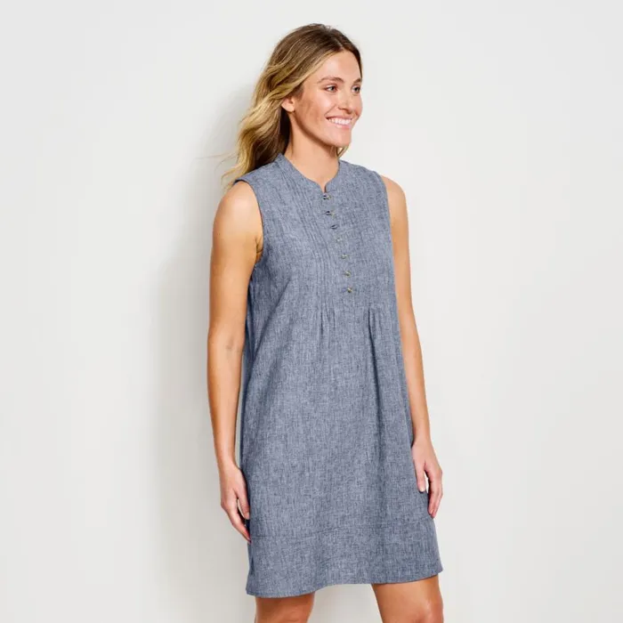 Women Tech Chambray Pintuck Tank Dress Blue Chambray Orvis Skirts and Dresses