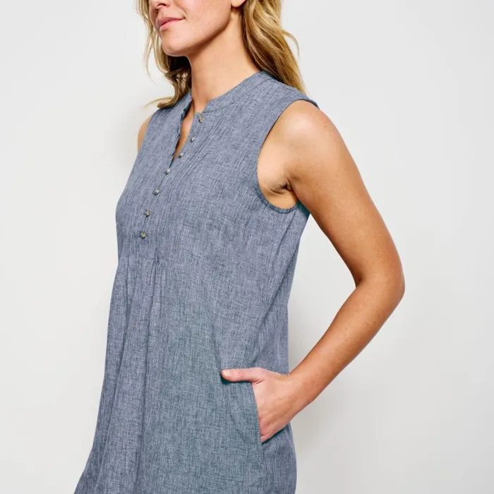 Women Tech Chambray Pintuck Tank Dress Blue Chambray Orvis Skirts and Dresses