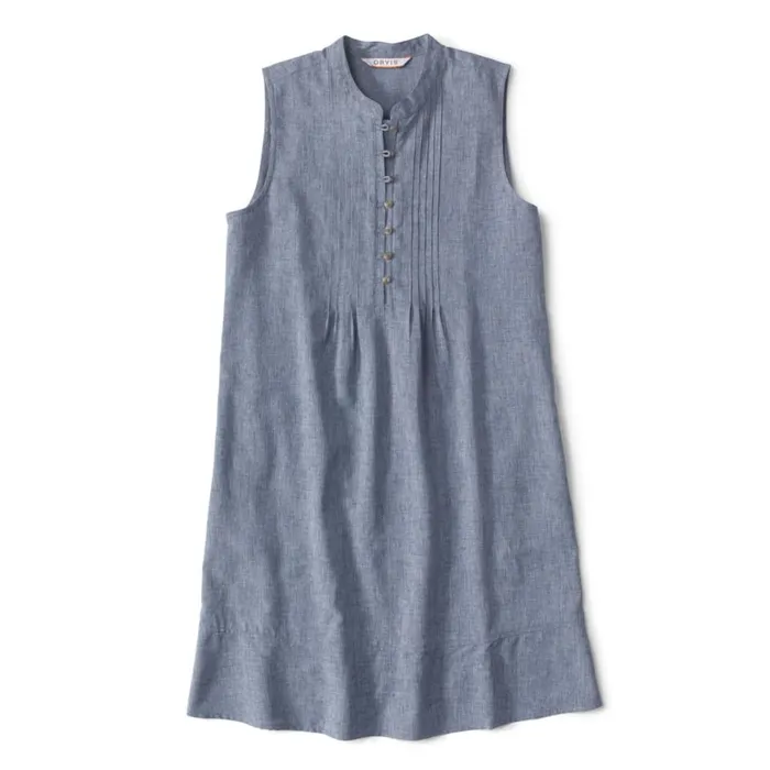 Women Tech Chambray Pintuck Tank Dress Blue Chambray Orvis Skirts and Dresses