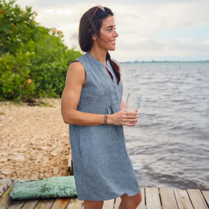 Women Tech Chambray Pintuck Tank Dress Blue Chambray Orvis Skirts and Dresses