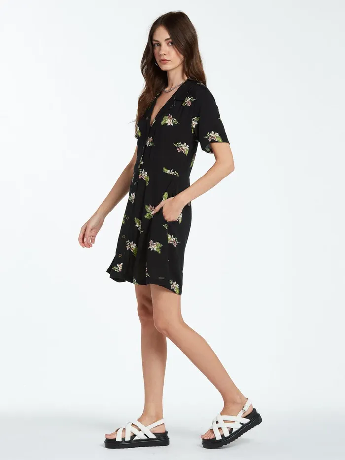 Womens Dresses Volcom Stormy Tropix Short Sleeve Dress 8211 Black