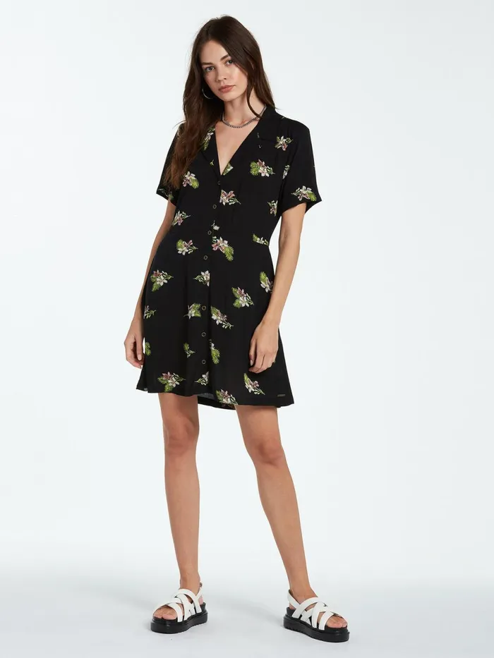 Womens Dresses Volcom Stormy Tropix Short Sleeve Dress 8211 Black