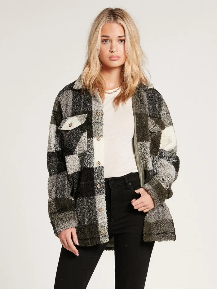 Womens Jackets Volcom Silent Sherpa Plaid Jacket 8211 Army Green Combo