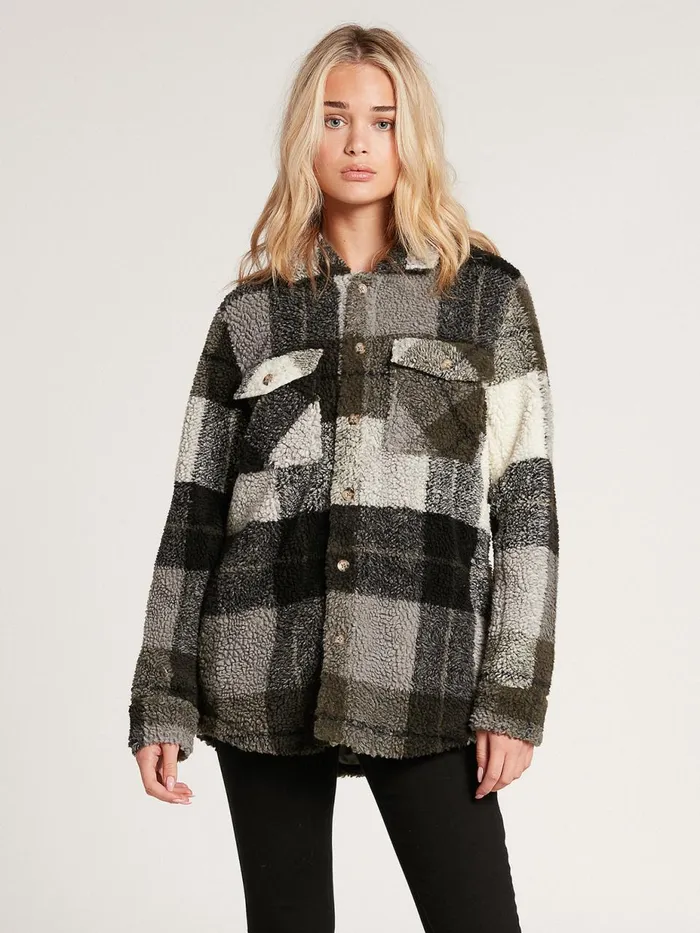 Womens Jackets Volcom Silent Sherpa Plaid Jacket 8211 Army Green Combo