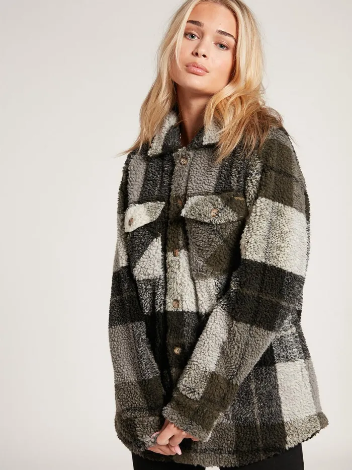 Womens Jackets Volcom Silent Sherpa Plaid Jacket 8211 Army Green Combo