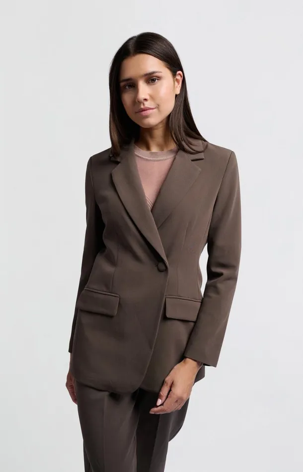 Woven Blazer With Fitted Fit Button And Pockets Chocolate Brown Women YAYA Blazers Woven Blazer With Fitted Fit Button And Pockets Chocolate Brown Women YAYA Blazers