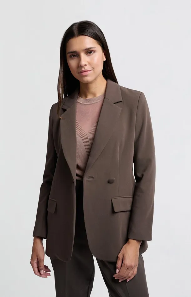 Woven Blazer With Fitted Fit Button And Pockets Chocolate Brown Women YAYA Blazers Woven Blazer With Fitted Fit Button And Pockets Chocolate Brown Women YAYA Blazers