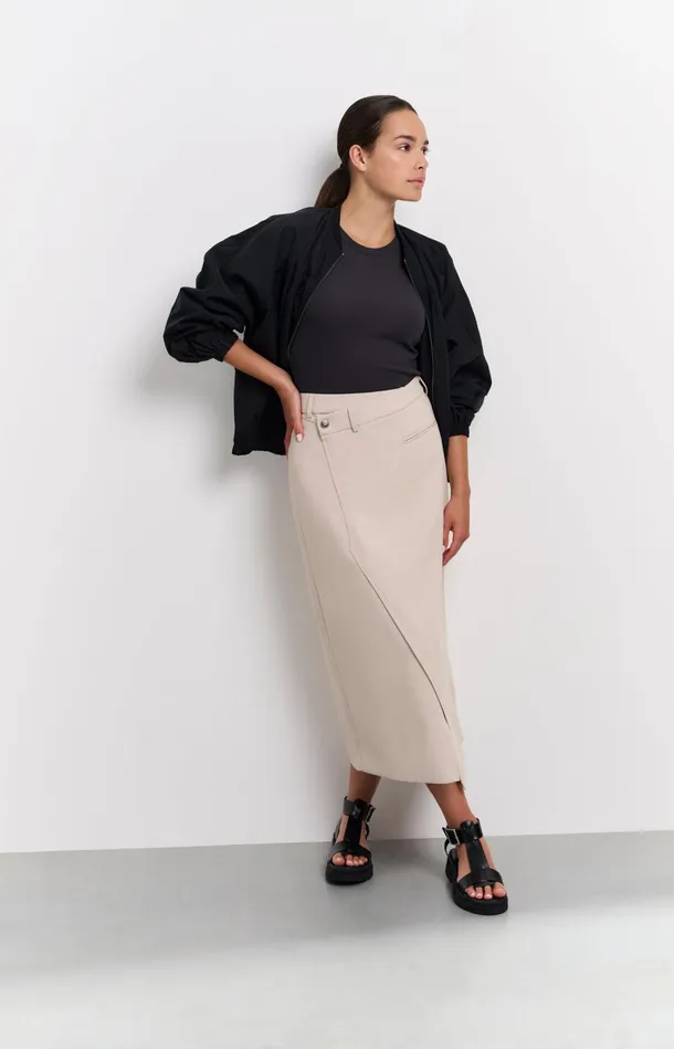 Woven Melange Midi Skirt With Slit Humus Beige Melange Women YAYA Skirts