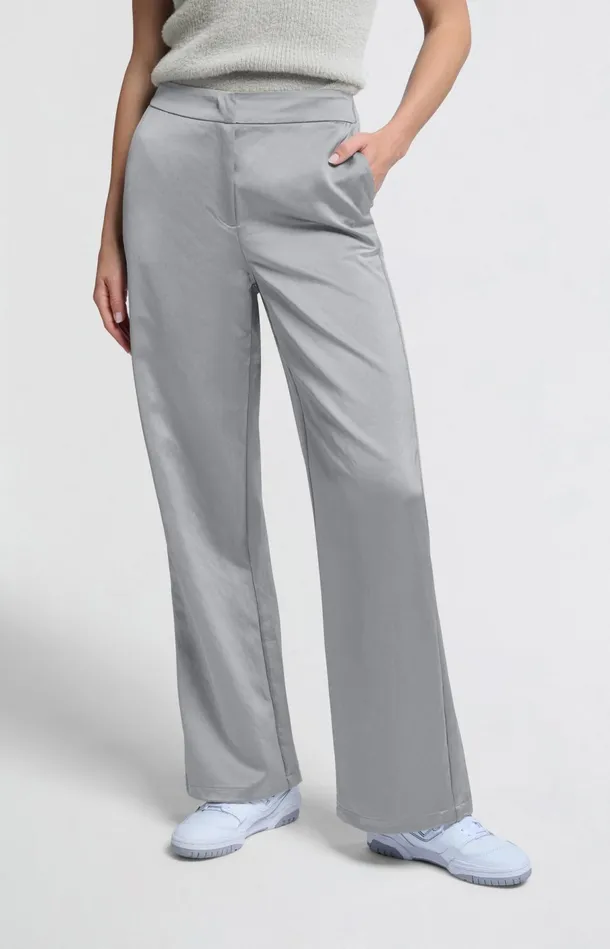 Woven Satin Trousers With Wide Legs And Pockets Light Metal Grey Women YAYA Trousers Woven Satin Trousers With Wide Legs And Pockets Light Metal Grey Women YAYA Trousers