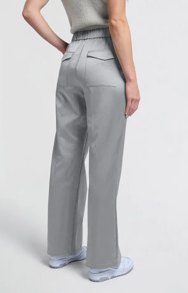 Woven Satin Trousers With Wide Legs And Pockets Light Metal Grey Women YAYA Trousers Woven Satin Trousers With Wide Legs And Pockets Light Metal Grey Women YAYA Trousers